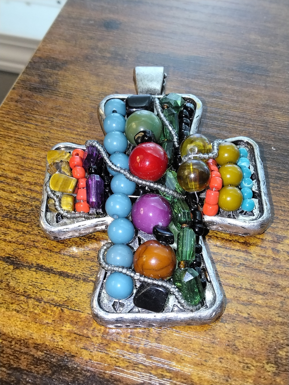 Colorful Beaded Cross Pendant Necklace - Multicolor